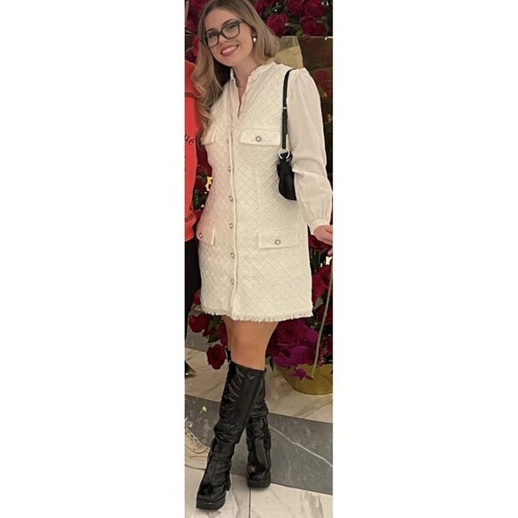 Anthropologie BHLDN Ella V-Neck Pearl Tweed Mini Dress in White Size Medium - Picture 15 of 15